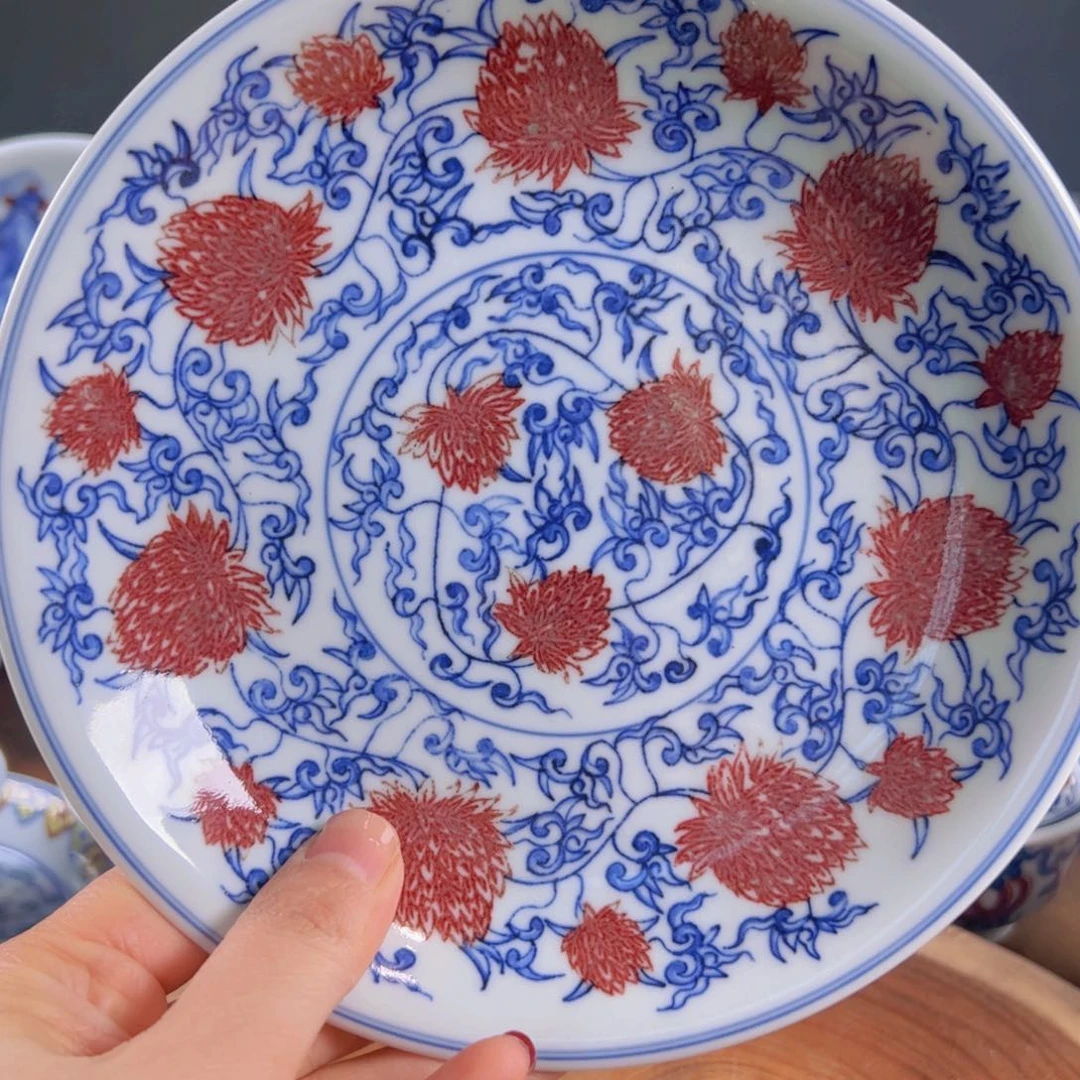 青花釉里红霸王菊壶承