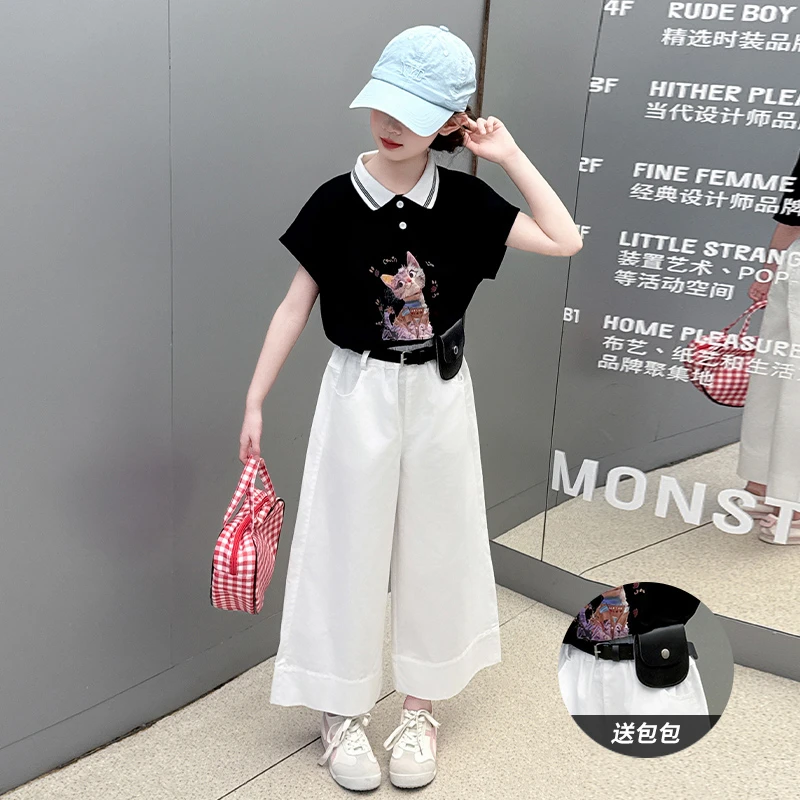 女童夏装套装2025新款洋气儿童polo衫短袖T恤白色阔腿裤两件套潮
