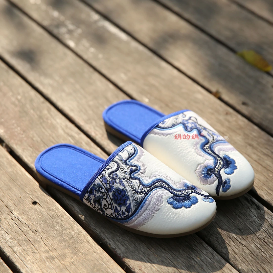 青花瓷国风居家拖鞋软底防滑民族风包头拖四季平底拖鞋民族风布鞋