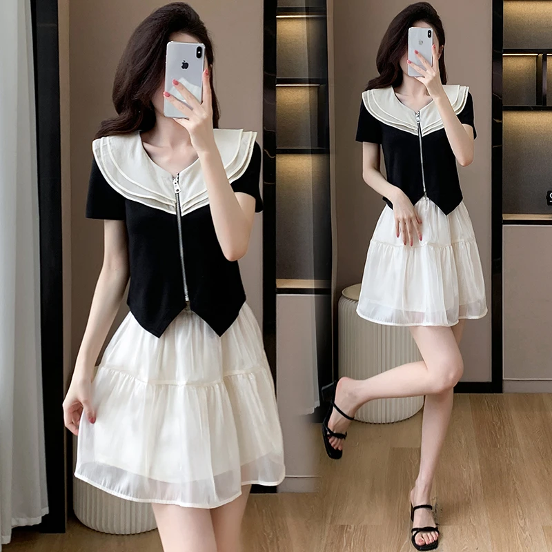 夏季法式气质两件套设计感荷叶边拉链小衫上衣半身裙套装