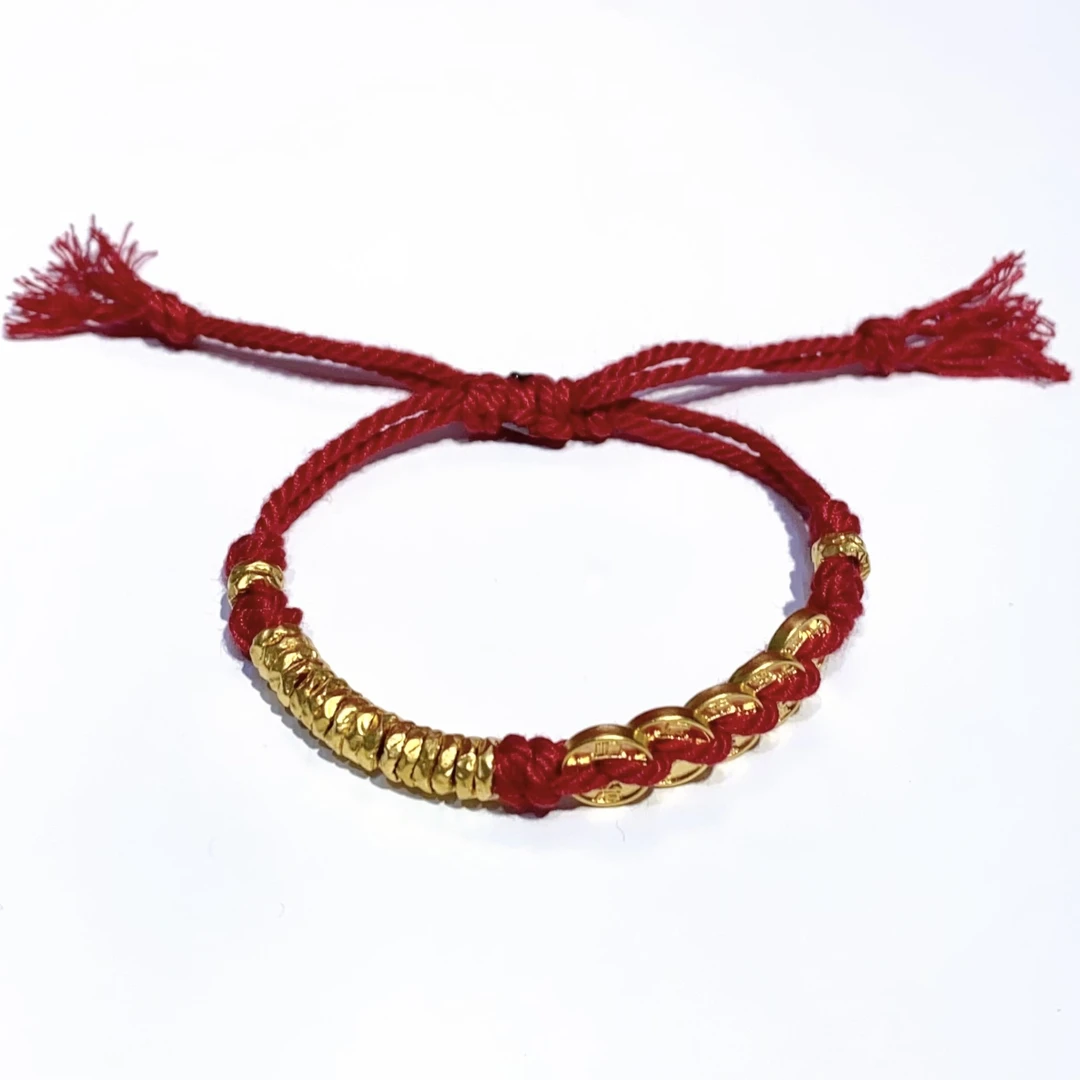 足金999黄金【五帝币盘缠】腰缠万贯红绳本命年手绳过年蛇年送礼