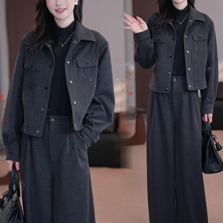 拉夏贝尔2025秋冬时尚气质套装女新款洋气外套阔腿裤显瘦两件套潮