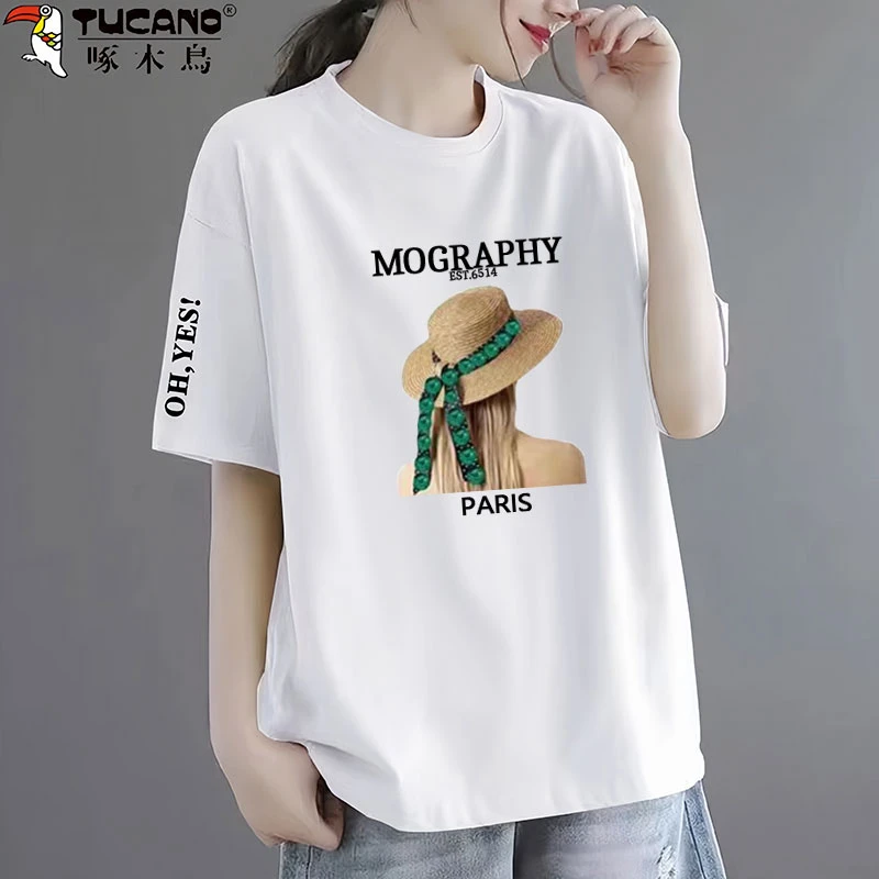 啄木鸟纯棉短袖t恤衫洋气休闲装2025新款女士上衣服大码气质印花