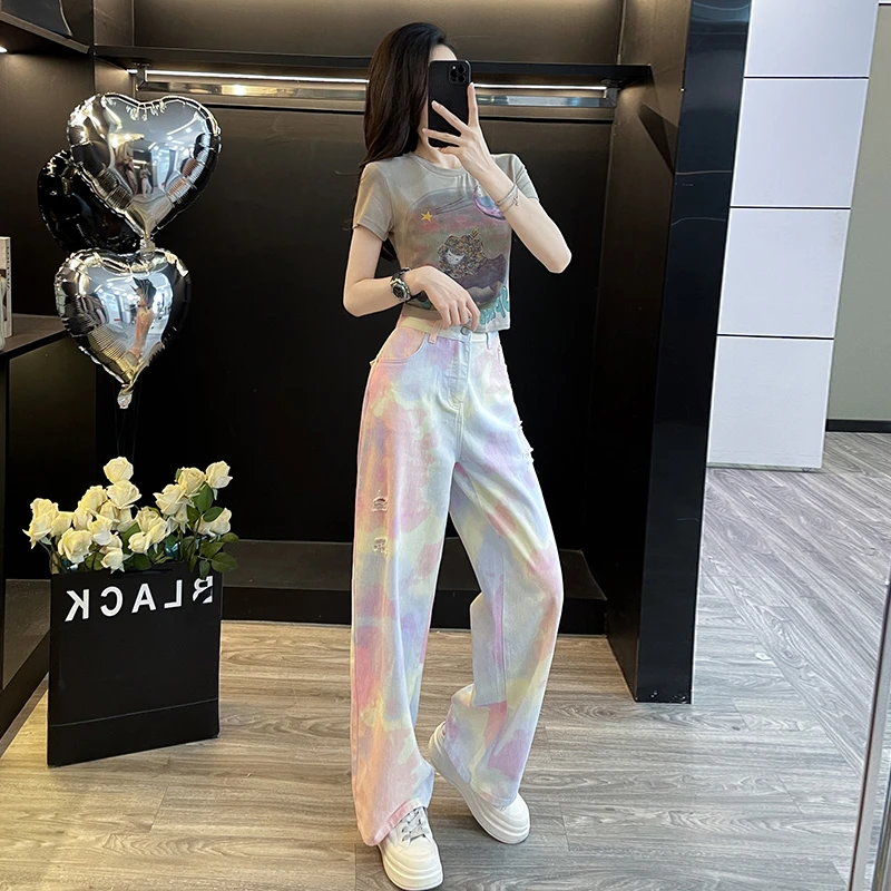 夏季穿搭一整套女装洋气减龄灰色短袖T恤女扎染阔腿牛仔裤两件套