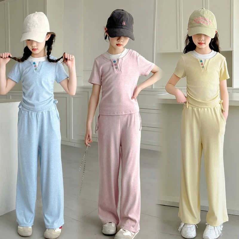 2025新款今年流行爆款女童夏套装高级感儿童短袖阔腿裤潮裤两件套