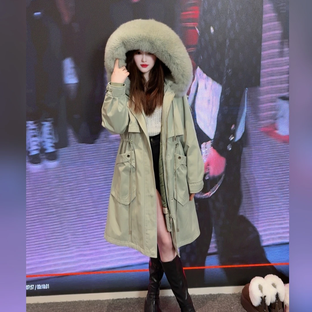 【长河】 995派克服女士秋冬季短款真毛连帽棉服时尚大气百搭外套