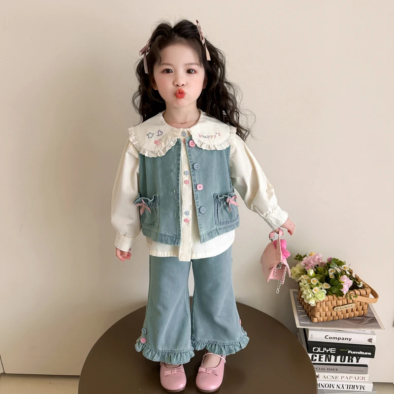 女童洋气牛仔套装春秋季2025新款网红时尚三件套女宝宝甜美春装潮
