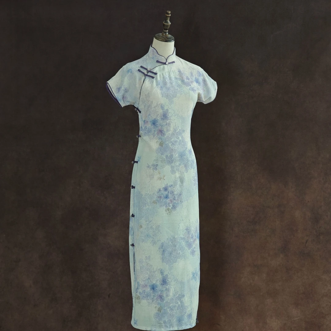 【紫牵】2025年夏款单层全开襟无袖民国少女复古文艺款旗袍长约125