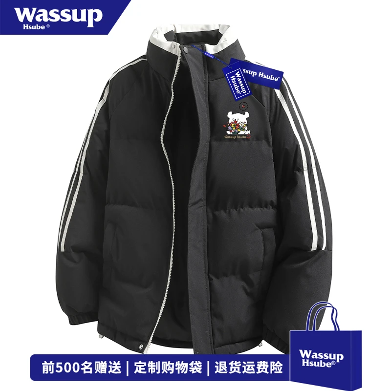 WASSUP HSUBE冬季情侣休闲立领棉服男女趣味开心小狗印花百搭外套