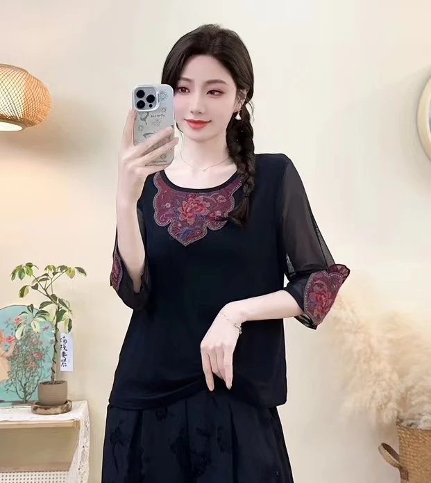 （再见时光）中式打底上衣复古国风刺绣休闲