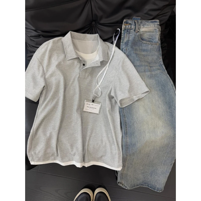 假两件polo衫短袖男款夏季高级感翻领T恤cleanfit美式复古半截袖