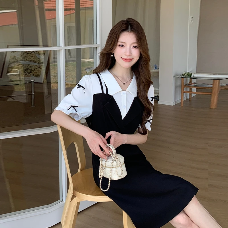 五季家大码连衣裙女夏季新款拼接短袖v领收腰气质显瘦裙子ZL53618