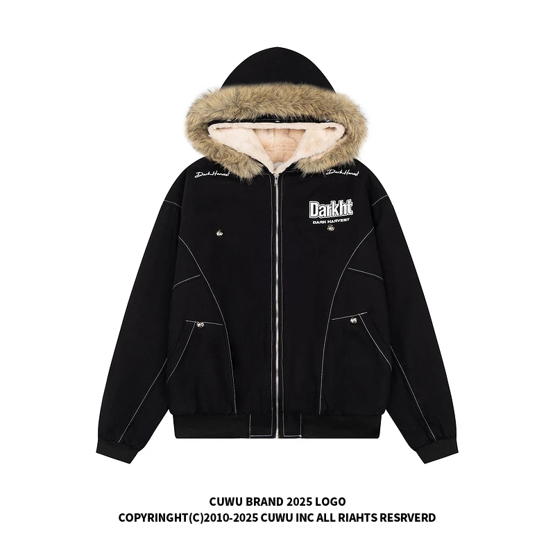cuwu美式大毛领座山雕连帽棉服女冬季加绒加厚棉衣解构工装外套