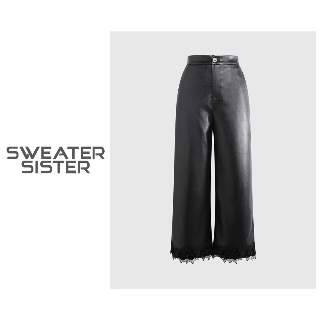 后松紧蕾丝拼接直筒裤高腰显瘦九分裤休闲裤女5323-88528