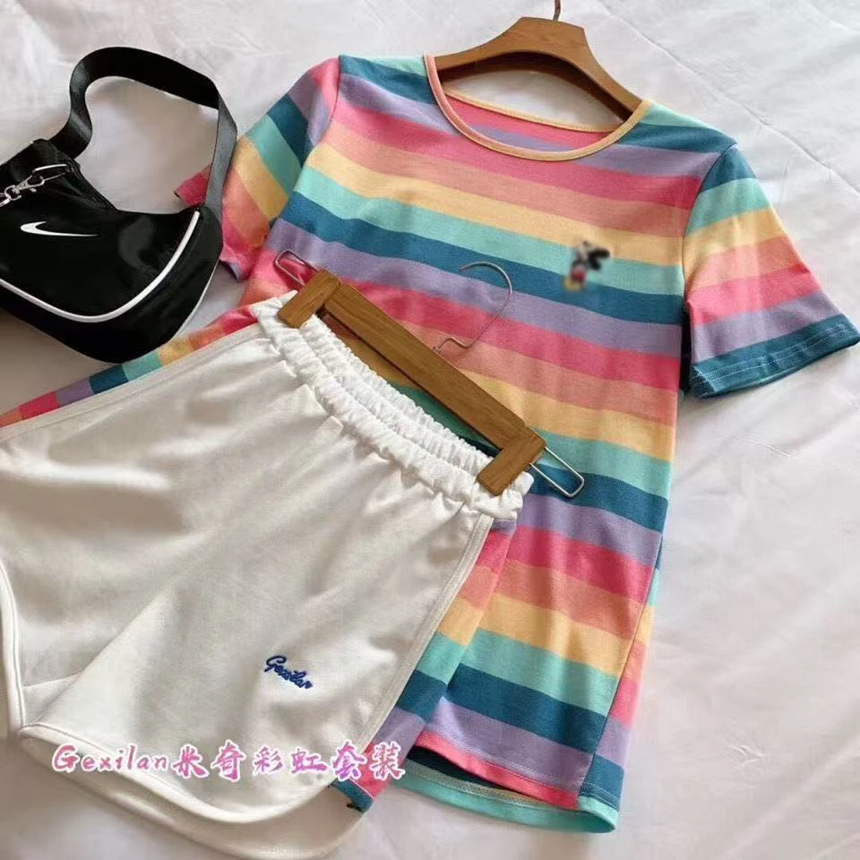 彩虹睡衣舒适短袖短裤休闲两件套家居服套装