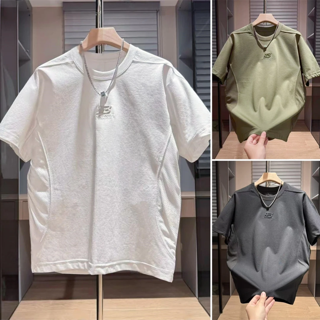 2025夏季潮牌侧边网眼打孔结构拼接刺绣痞帅纯色时尚男士短袖T恤