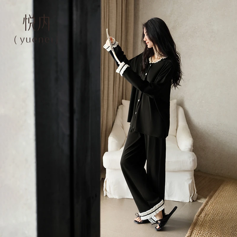 悦内睡衣女款春秋季纯棉长袖家居服秋冬时尚黑色高级感小香风套装