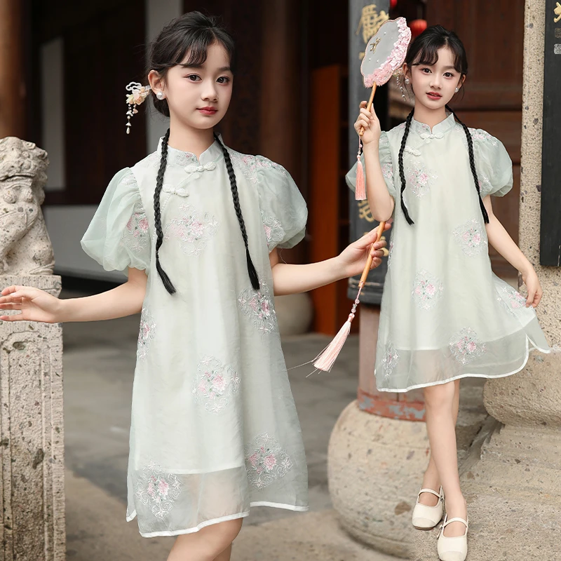 女童旗袍连衣裙夏装新款中大童国风新中式盘扣旗袍裙夏季裙子薄款
