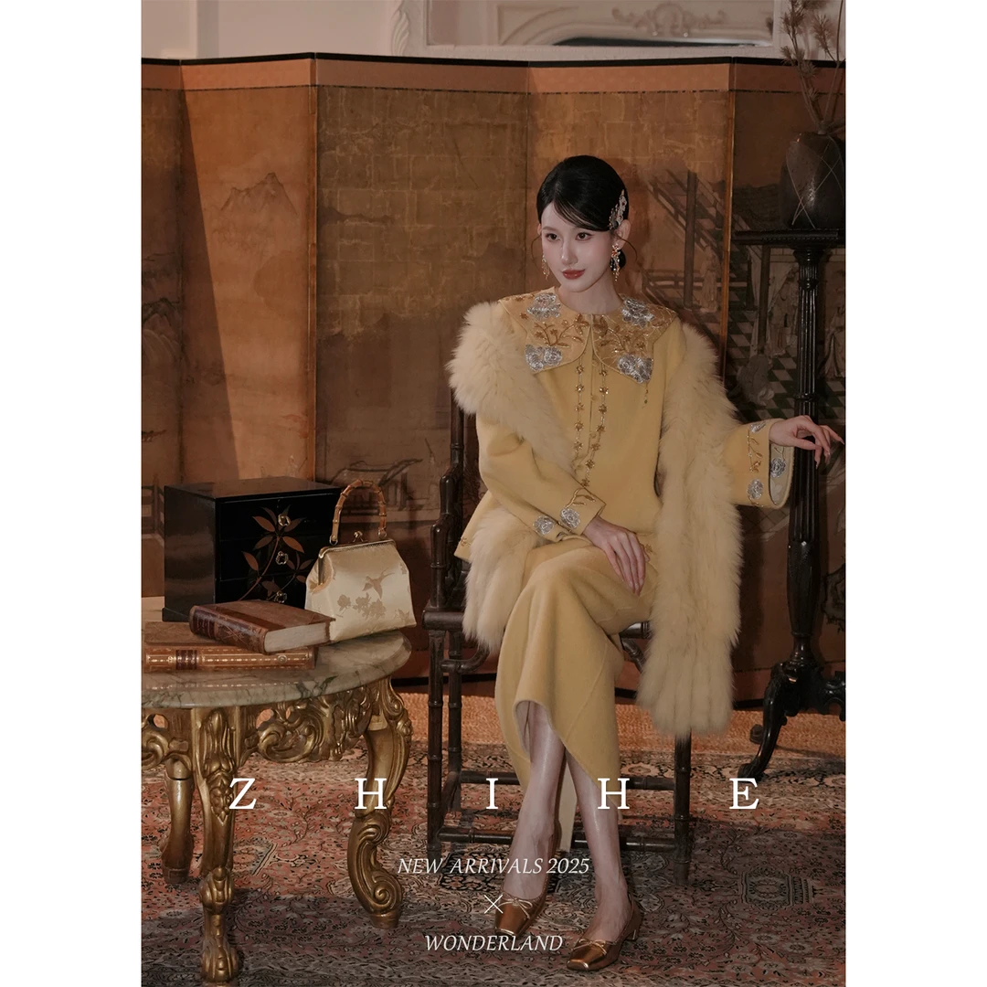 无艳一禾【玉坠瑶台】100绵羊毛双面呢大衣+人丝提花刺绣云肩+半裙