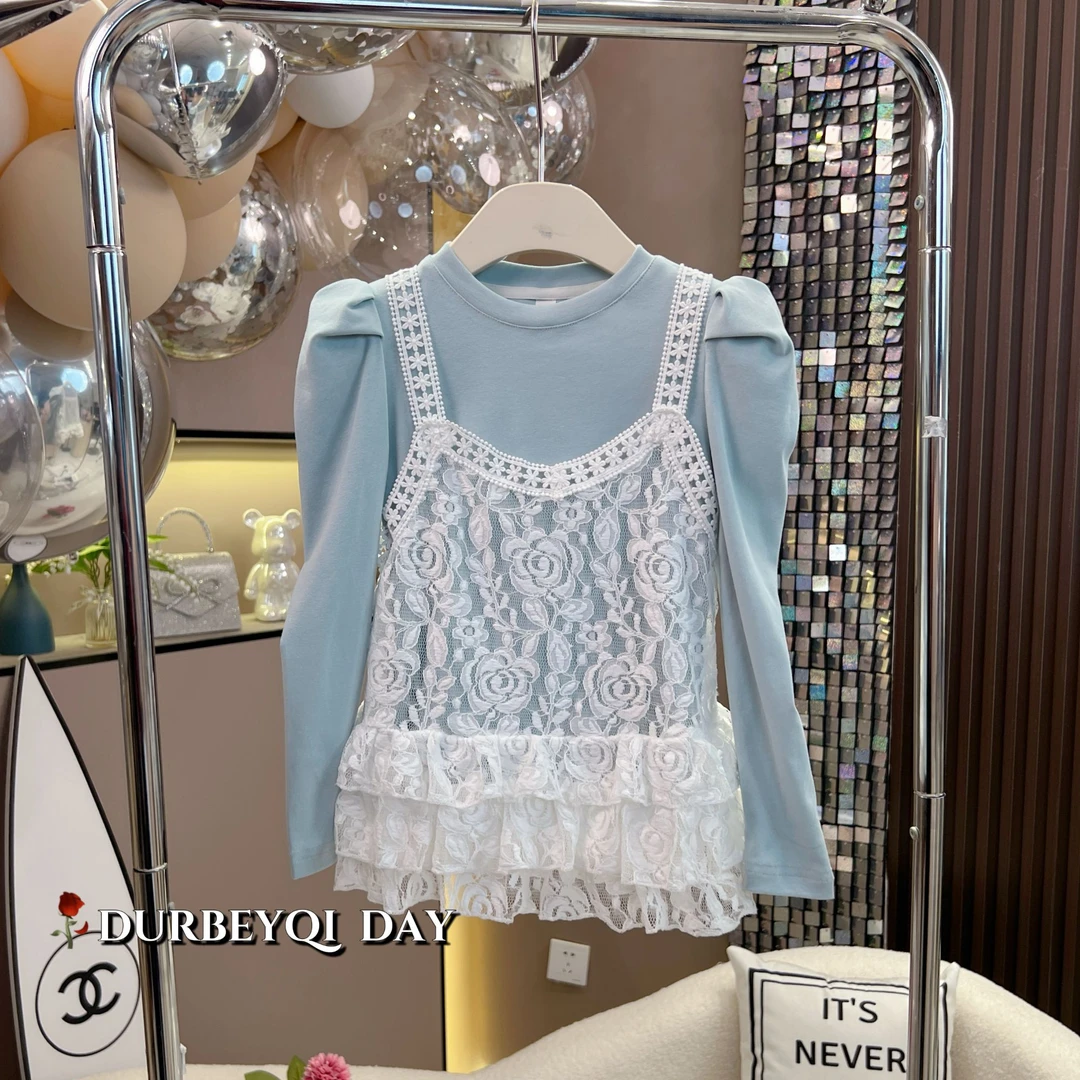 DURBEYQI/朵贝奇女童2025春季新款纯色假两件吊带长袖卫衣5184