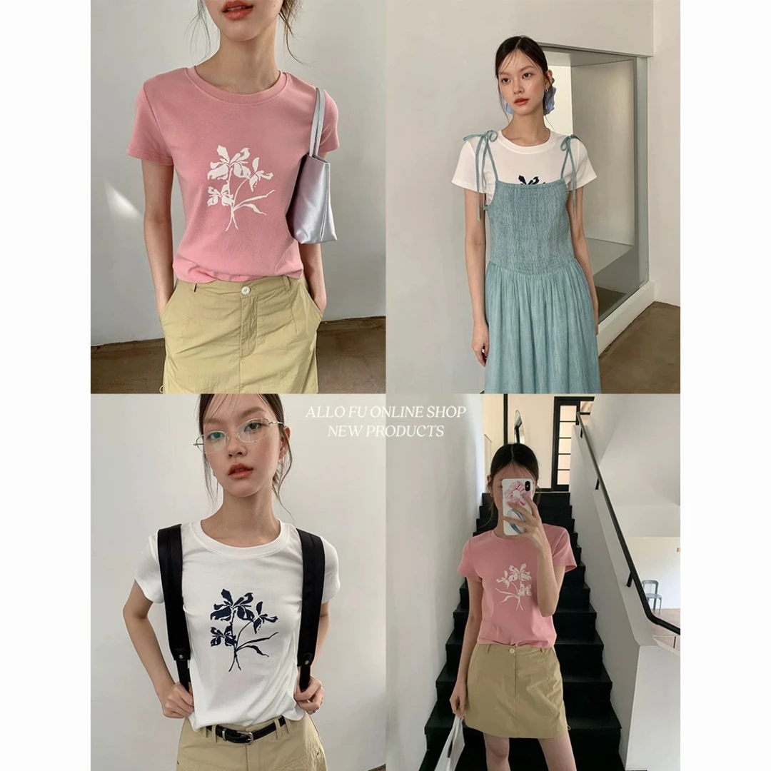 Allo Fu 夏季新款亲肤舒适花朵印花T恤女