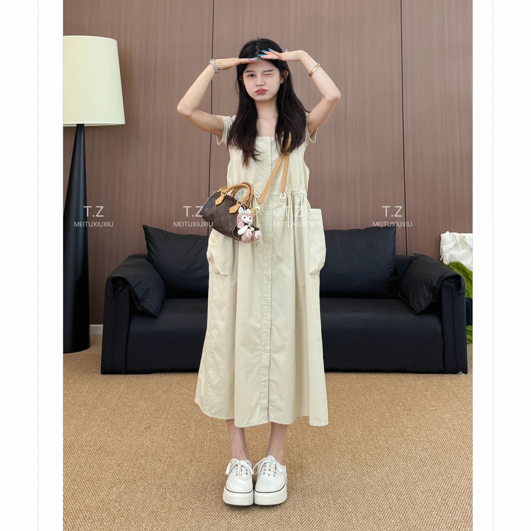 【婷子定制】~150小个子改版夏款减龄抽绳收腰工装背带裙C522