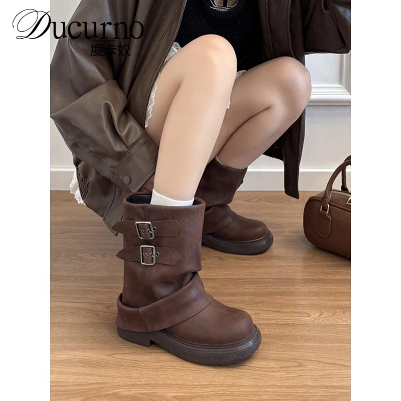 牛皮版~真皮美拉德马丁靴女2025新款英伦风堆堆靴裤管靴厚底短靴