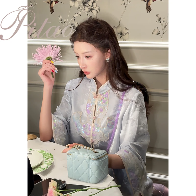 杜屁屁桃PITAO 原创【碧玺】春夏新款中国风100%人丝外套+半身裙