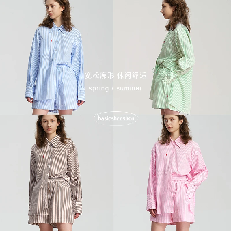 basicshenshen 条纹套装衬衫休闲时尚宽松长袖外套