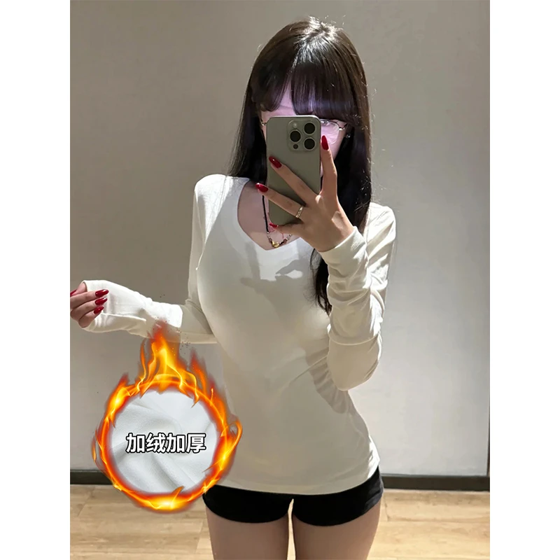 实拍现货-2024秋冬一体绒正肩V领T恤打底衫显瘦掐腰长袖保暖上衣