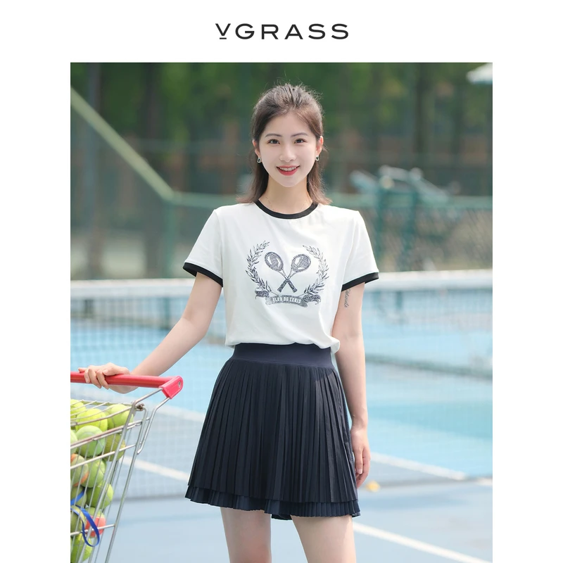 VGRASS撞色拼接高支棉印花短袖T恤夏季新款微宽松VST1P2107C