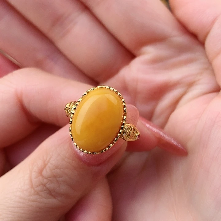 蜜蜡戒指银S925镶嵌戒指