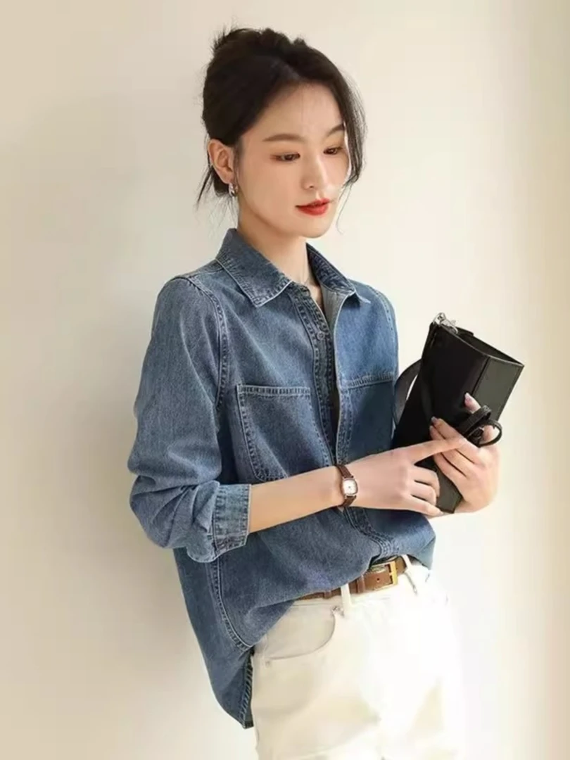 春季新款水洗蓝色正肩牛仔衬衫女秋冬叠穿衬衣小个子法式复古上衣