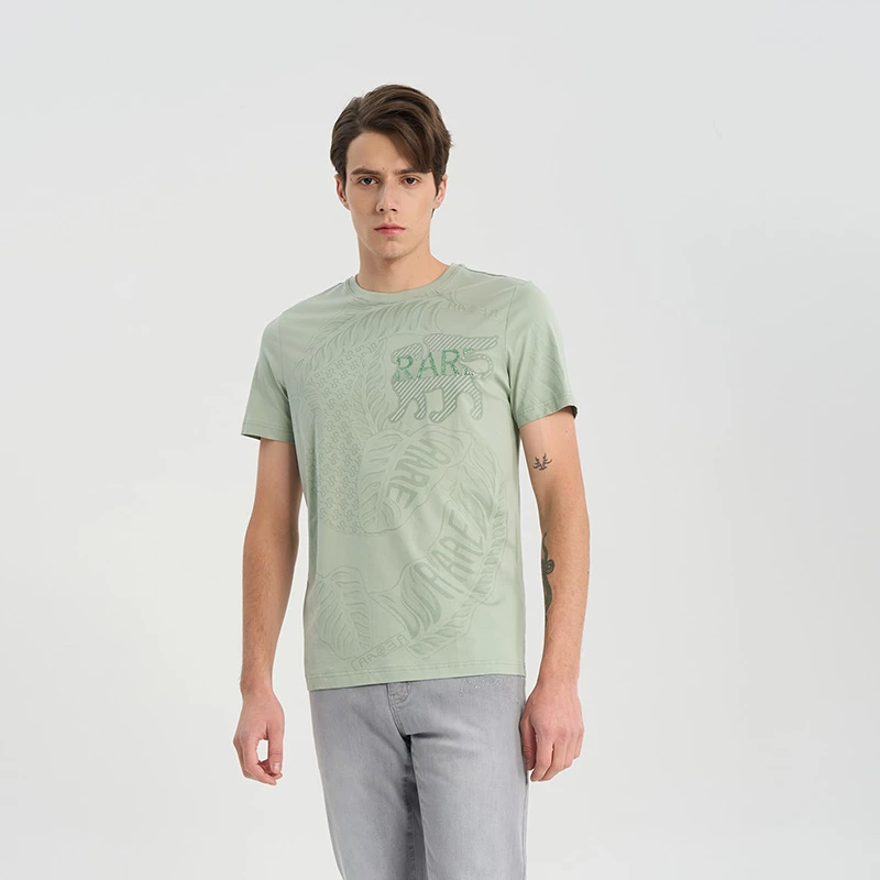 RARE威雅男装春夏叶子印花烫钻飞狮浅绿色圆领短袖T恤