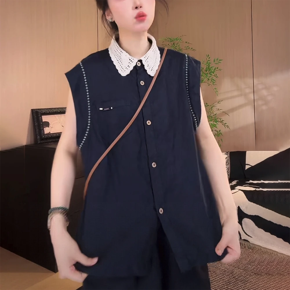 藏青色高级感无袖衬衫女士2025夏季新款宽松时尚显瘦减龄蕾丝上衣