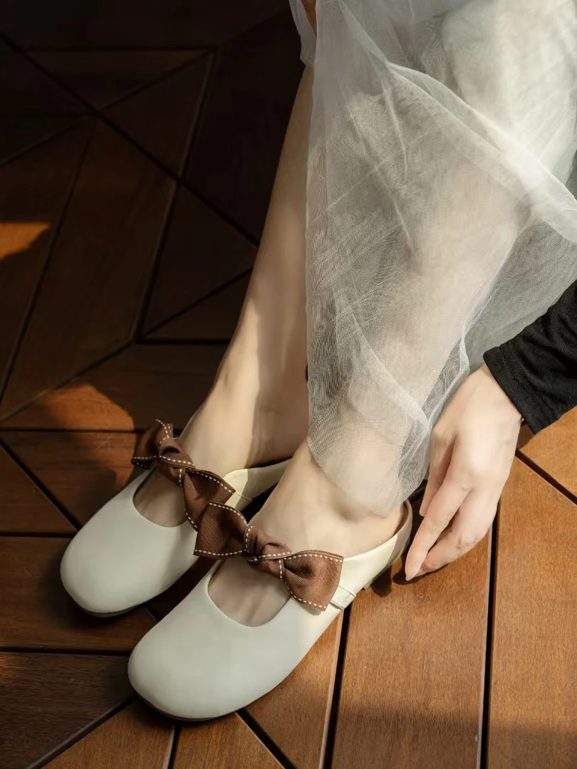 法式蝴蝶结休闲包头半拖鞋女外穿一脚蹬半托单鞋大码女鞋35到39