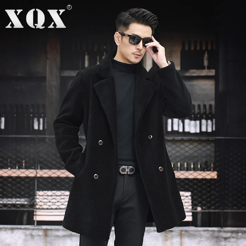 海宁皮草全羊毛皮毛一体外套男双排扣中长款休闲羊剪绒大衣冬季厚