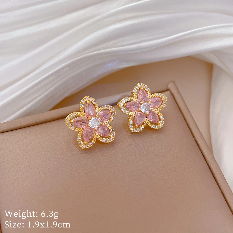 合金仿水晶耳饰 粉色五星花耳钉时尚气质百搭设计感耳钉独特耳饰