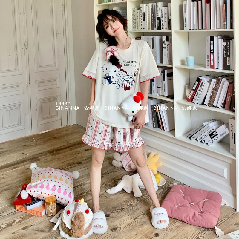 缤安娜家居服睡衣女款夏季2025新款短袖大码薄款丝光棉棉短裤套装