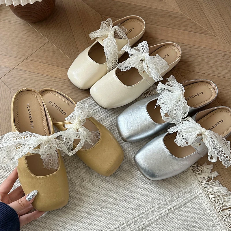 法式蕾丝蝴蝶结半拖鞋女外穿2025春夏新款低跟玛丽珍包头鞋