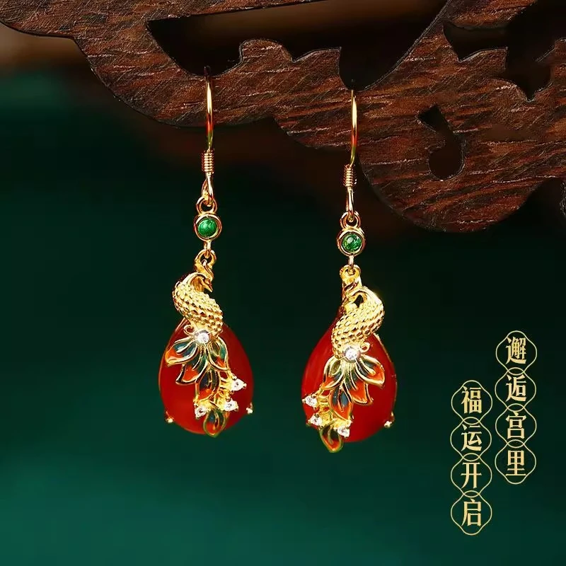 铜合金珐琅耳饰 中国风红色耳坠夏日女款新中式凤凰于飞耳环耳饰