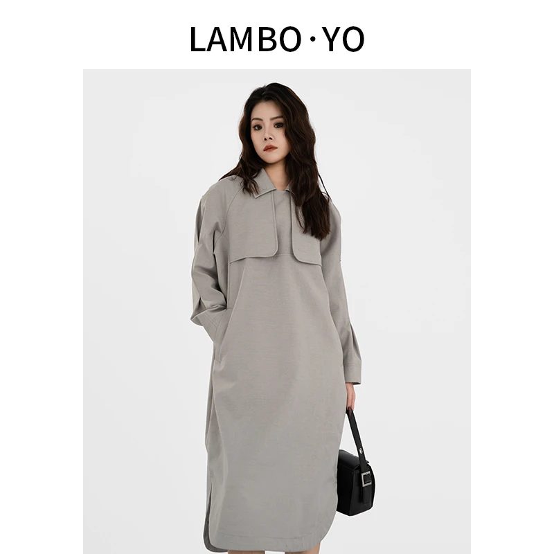 LAMBOYO秋季设计感小翻领宽松休闲中长款外套套头连衣裙女