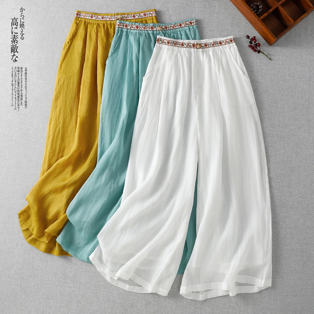 文艺宽松轻薄简约休闲腰头刺绣休闲裤女式设计双层纯色九分阔腿裤