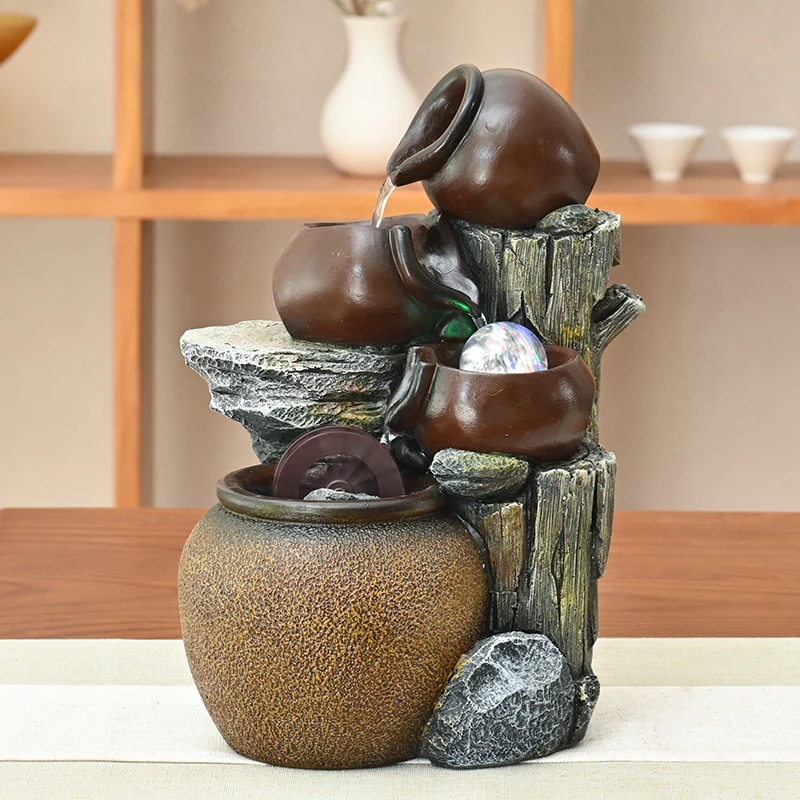 禅意桌面假山流水喷泉摆件客厅茶室书房风水轮陶罐转运循环水景观