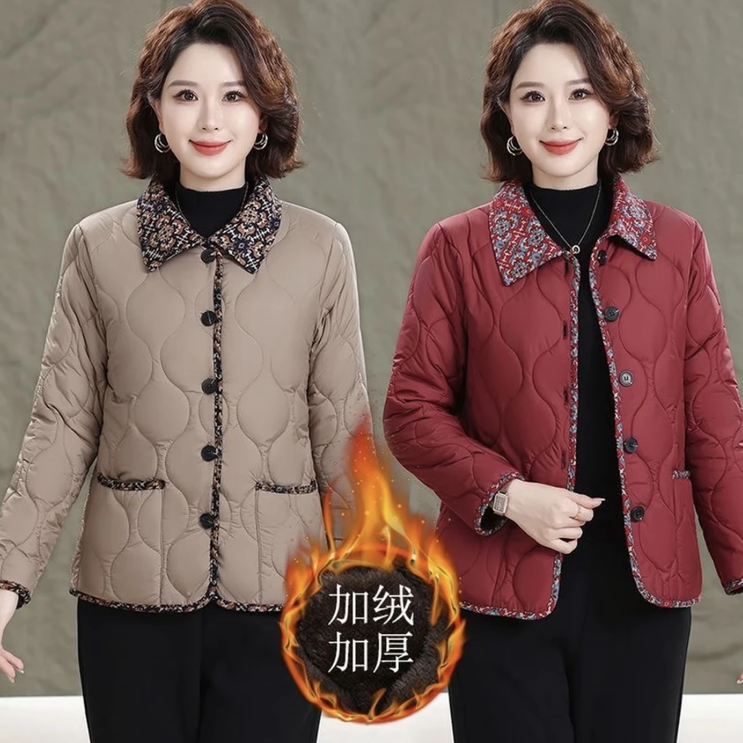冬季新款时尚翻领加绒显瘦棉衣中老年减龄保暖棉衣外套