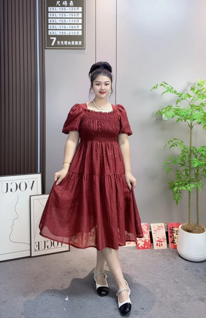 佳奇家夏季泡泡袖短袖大码连衣裙褶皱方领松紧腰常规百搭显瘦遮肉