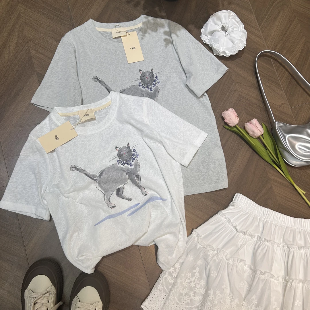 【韩系甜美风】egg订单款小喵咪手工串珠百搭圆领印花T恤25263