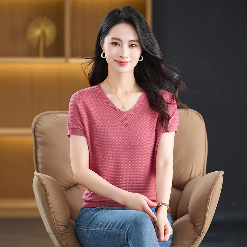 2025夏季新款短袖T桖女士薄款纯色桑蚕丝宽松洋气显瘦V领针织上衣