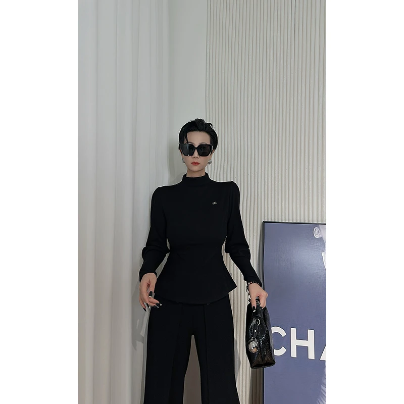 Dan Dan 黑色半高领加绒厚款卫衣女  正肩收腰显瘦长袖上衣女