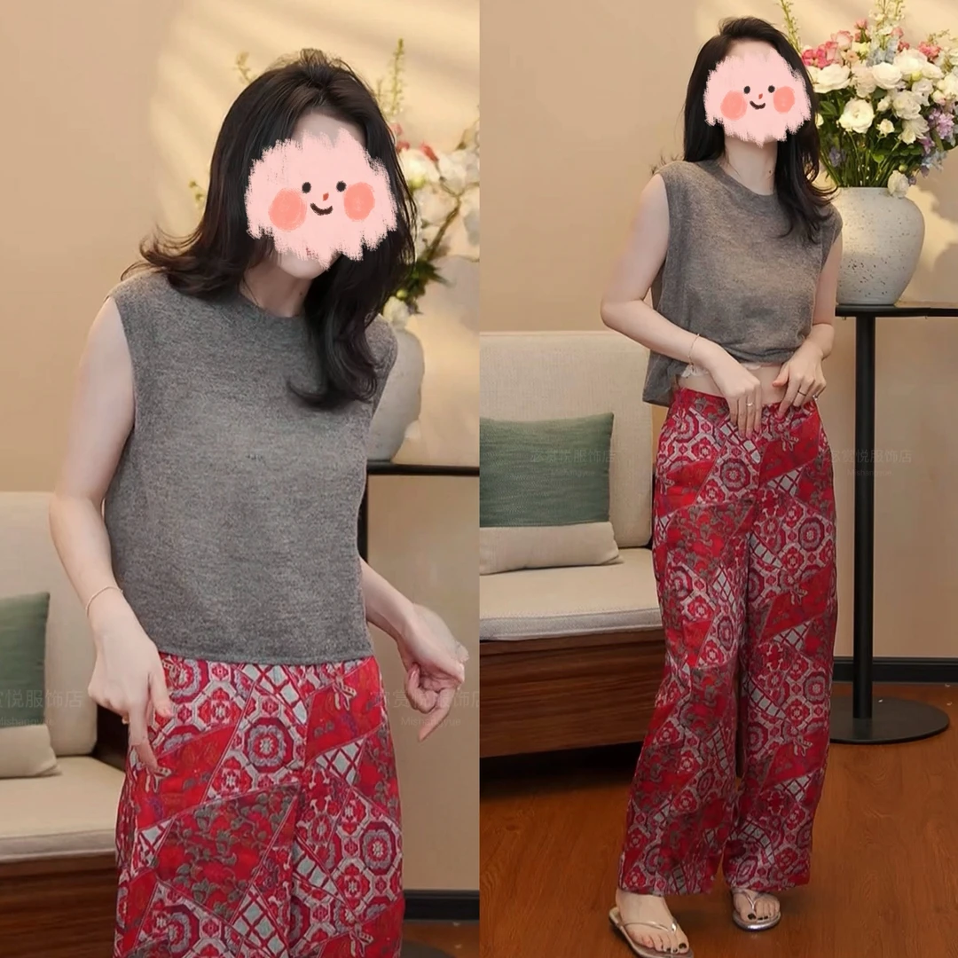 夏季新款设计感出游穿搭纯色针织无袖上衣T恤套装气质显瘦休闲裤